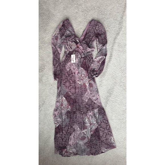 Jessica Simpson Dress Sz XS Boho Maxi Paisley Print Long Sleeve V-Neck Back Tie - Picture 16 of 16